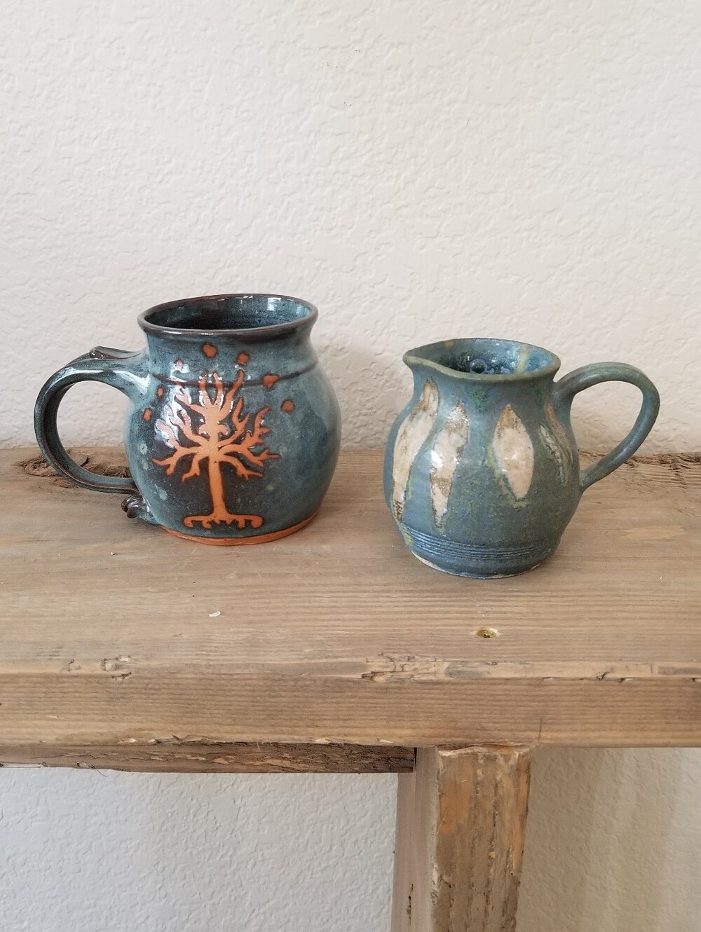 Vintage Studio Pottery Handmade Blue Green Mug Creamer Lot